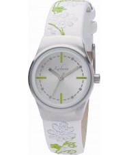 Kahuna KLS-0095L Ladies White Leather Strap Green Flower Detail Round Stainless Steel Head Casing Silver Dial Watch